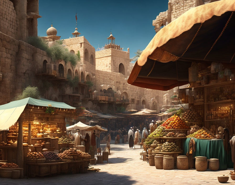 Historical stone architecture market scene with bustling stalls and fresh produce