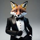 Anthropomorphic Fox in Black Tuxedo and Bow Tie on Grey Background