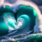 Turquoise wave tunnel against stormy sky captured.