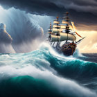 Tall ship navigating stormy seas with towering waves and dark clouds