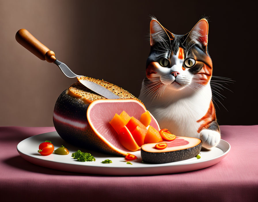 Cat in chef's hat with spatula near bread and melon slices