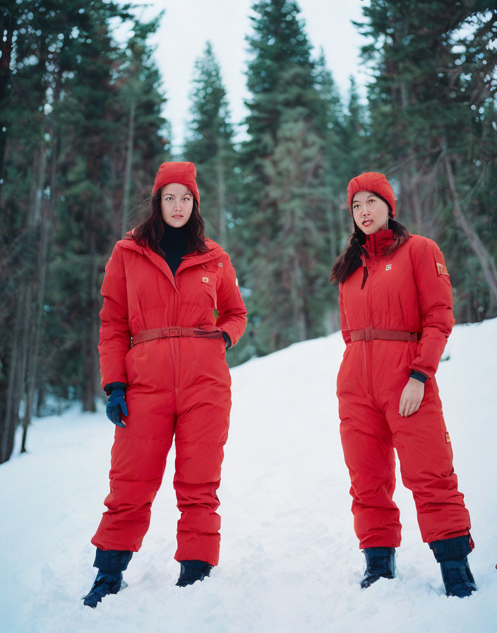 Two people in red winter suits and hats standing in snow with forest background.