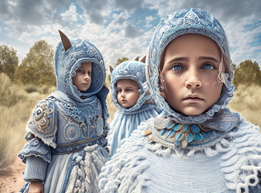 Three children in ornate blue fantasy costumes with horned headpieces in a field under a cloudy sky