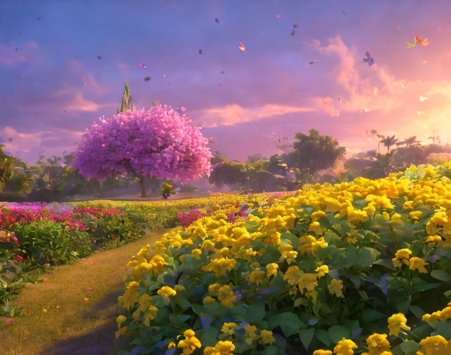 Sunset garden with pink and yellow flowers, butterflies, and purple sky