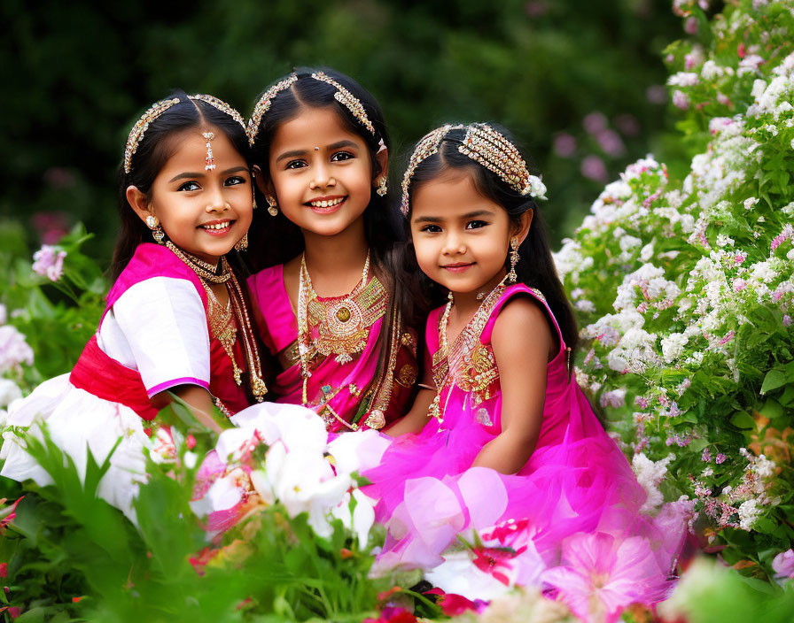 Three girls in Indian attire smiling in a garden with colorful flowers