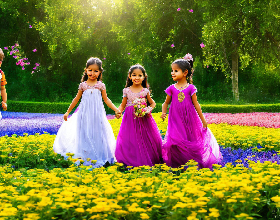 Three girls in colorful dresses walking in vibrant flower garden