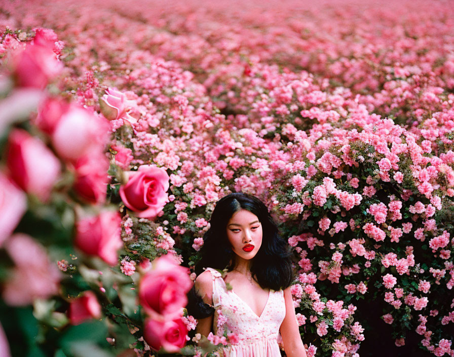 Woman in Floral Dress Surrounded by Blooming Roses