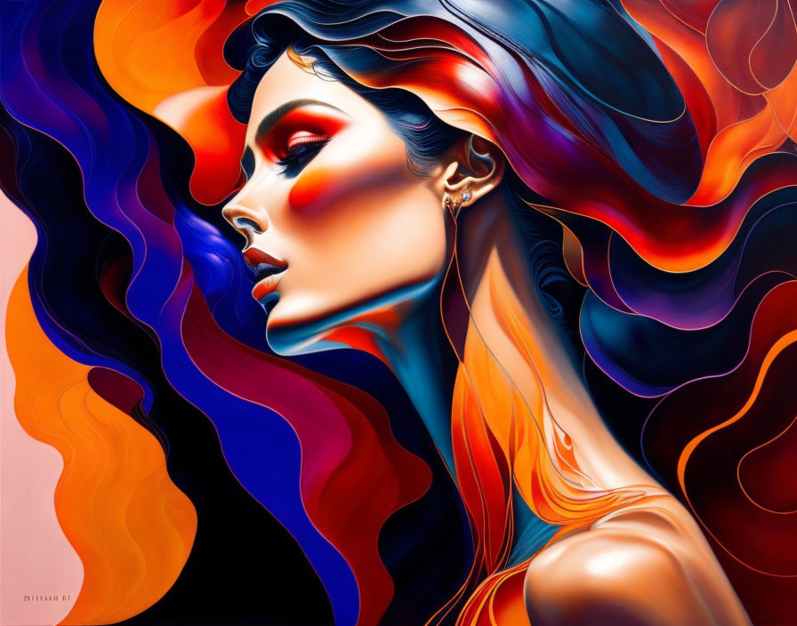 Colorful digital artwork featuring woman with multicolored hair