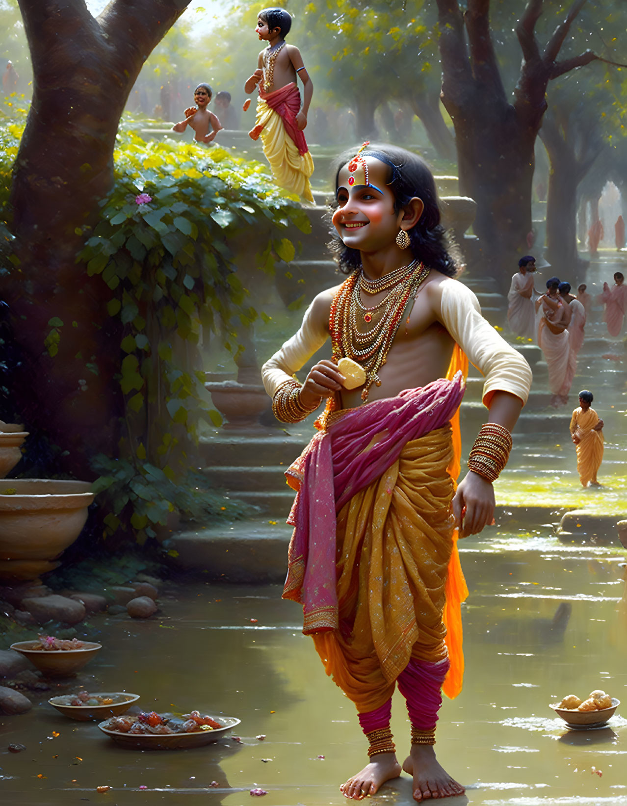 Young girl in traditional Indian attire dances in serene forest with floating diyas.