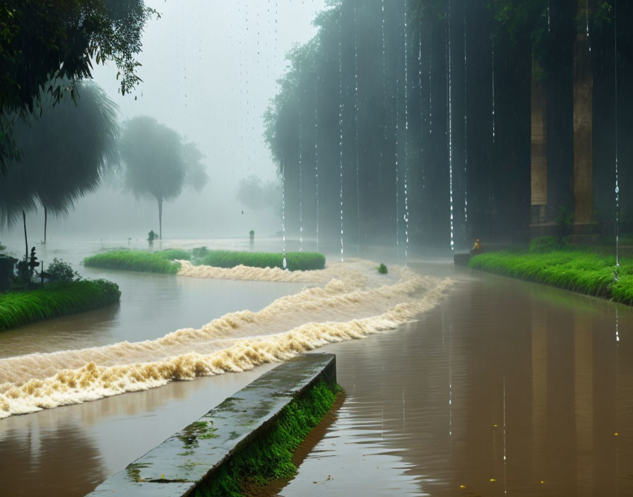 Rainy landscape with overflowing water and lush greenery