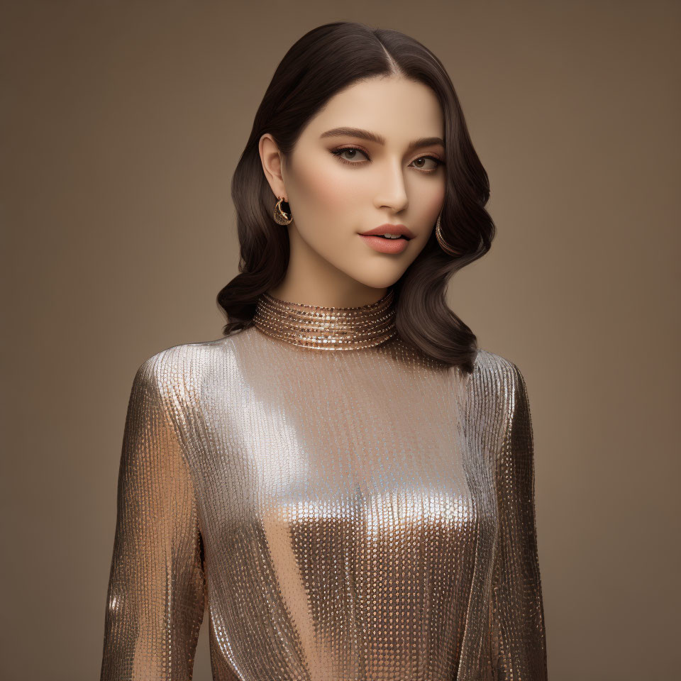 Dark-haired woman in gold high-neck dress on neutral background