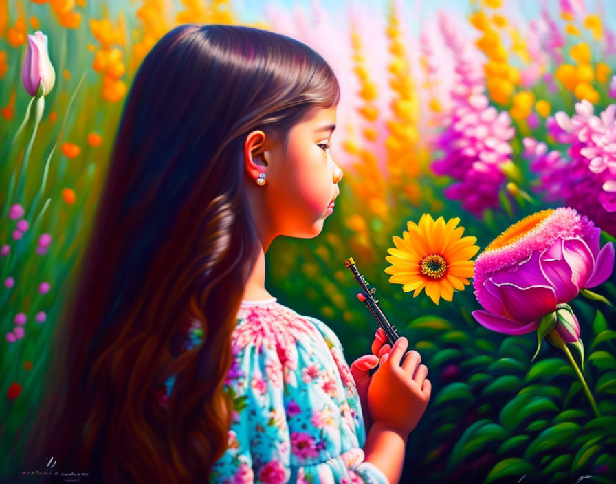 Young girl in floral dress painting vibrant sunflower in colorful garden