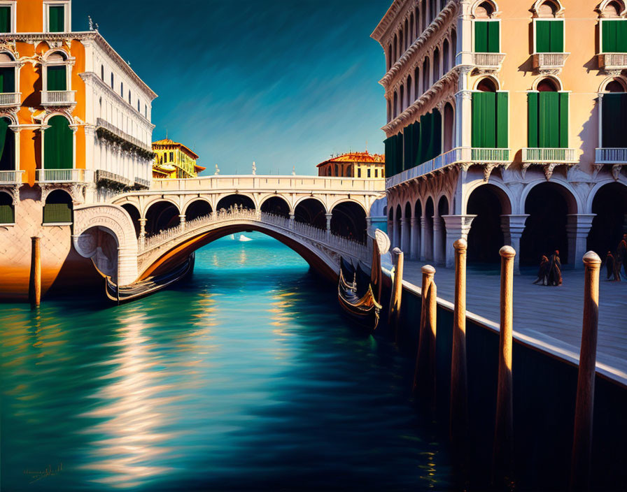 Historic buildings and gondola by Ponte di Rialto, Venice.