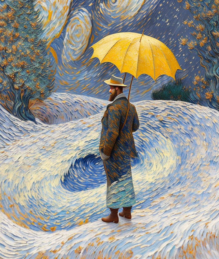 Person with yellow umbrella in Van Gogh-style swirl pattern surroundings