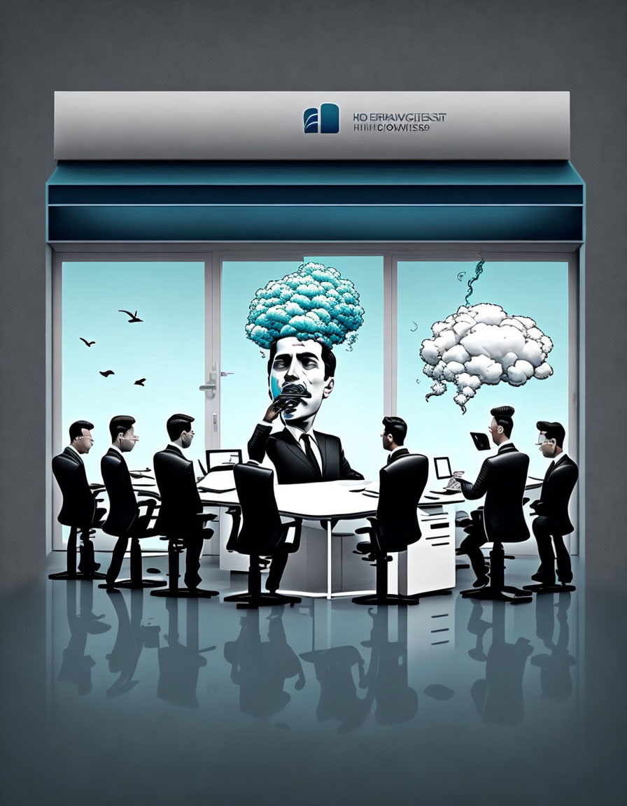 Business meeting illustration with individuals and cloud-shaped thought bubbles.