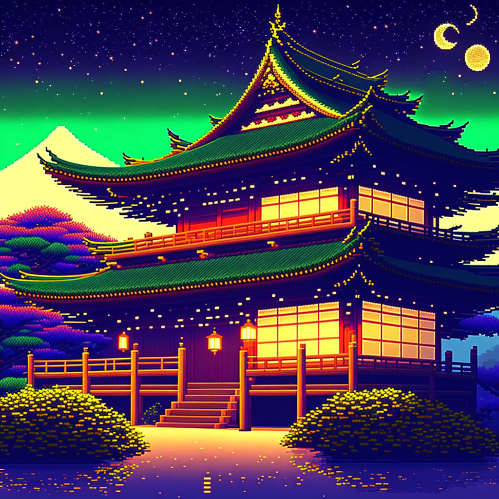 Traditional Japanese pagoda pixel art with night sky, crescent moons, and lush trees