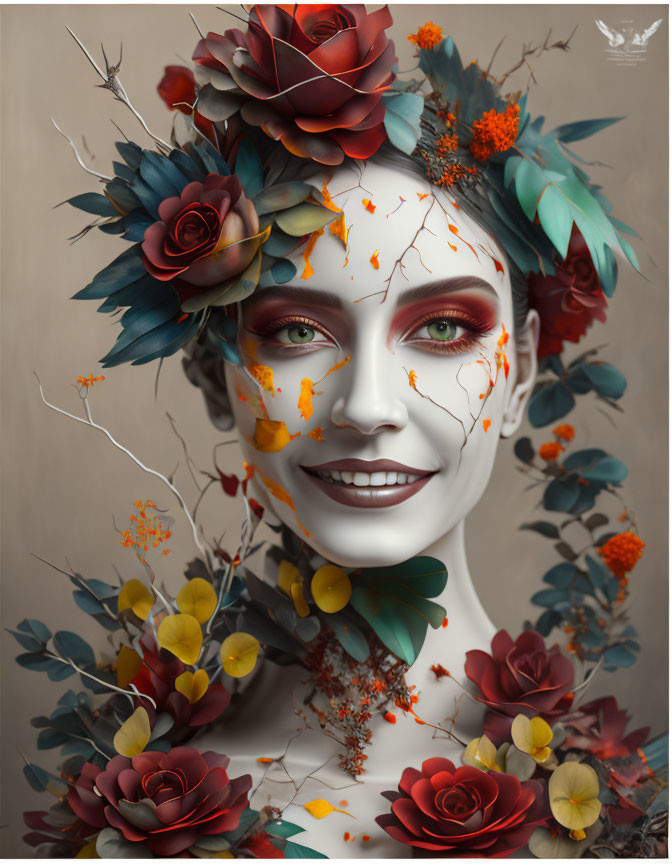 Digital Artwork: Woman with Green Skin and Skull Smile, Red Rose Headdress