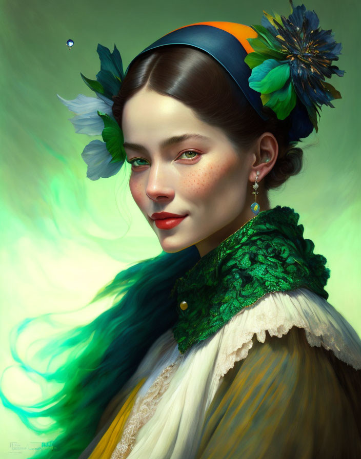 Portrait of woman with green ombre hair, freckles, flower in hair, vintage attire