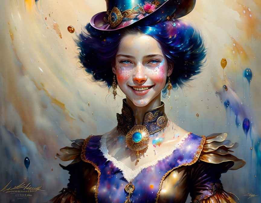 Whimsical woman with galaxy top hat and blue hair in ornate clothing