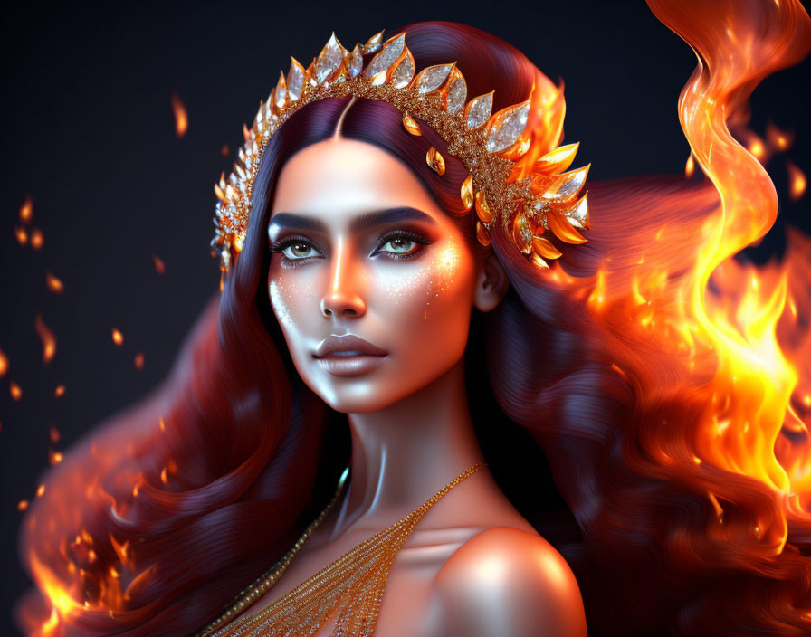 Woman with Glowing Skin and Fiery Red Hair in Golden Leaf Crown