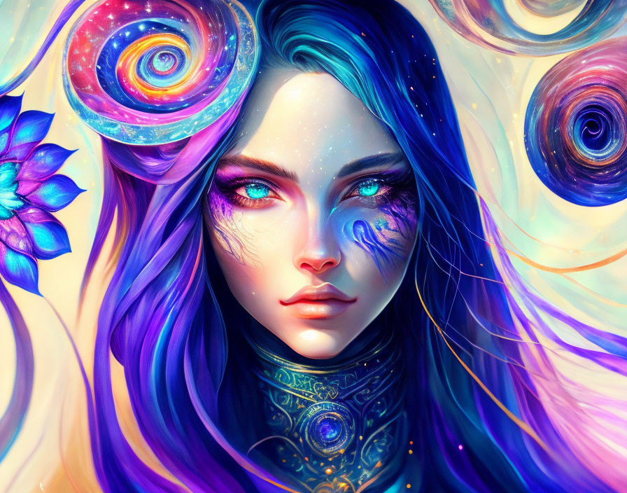 Illustration of female with blue eyes and purple hair in cosmic setting.