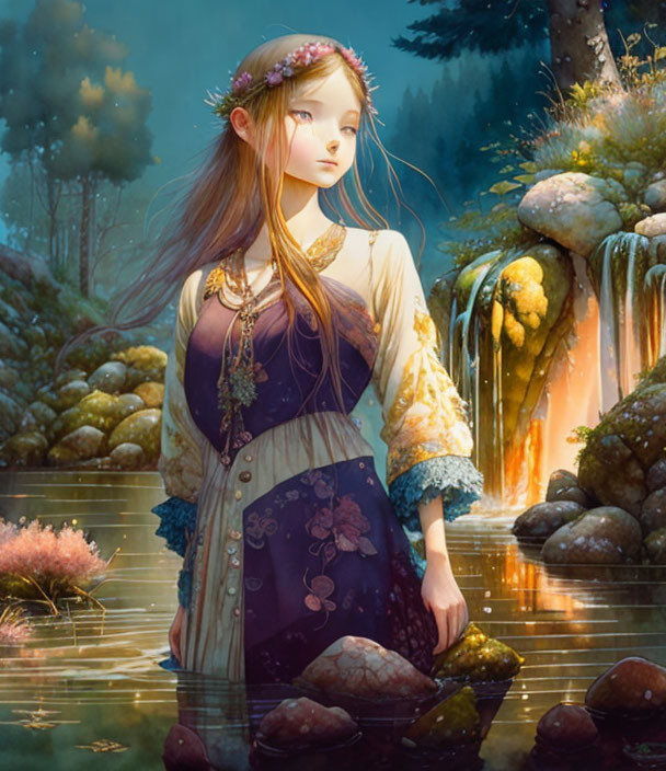 Young woman with floral headpiece by forest pond in fantasy setting