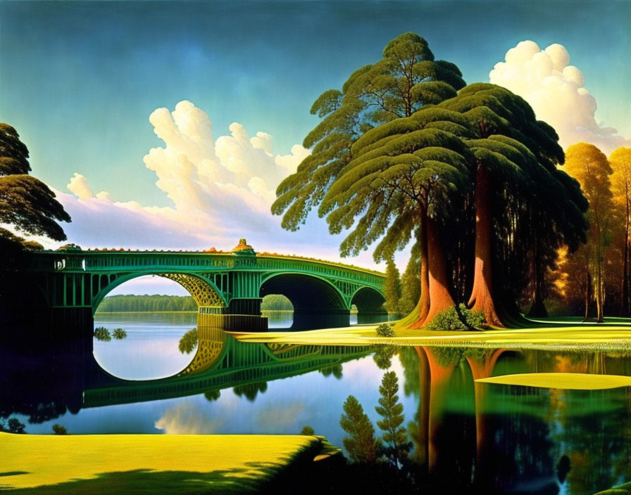 Serene landscape painting with green arched bridge, reflective water, tall trees, and white clouds