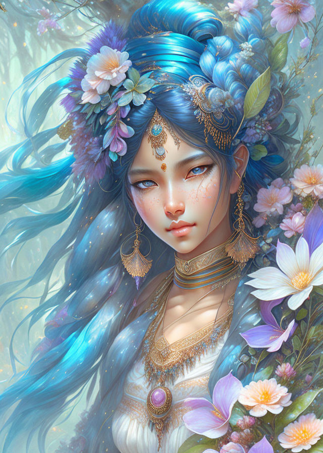 Illustrated female figure with blue hair and floral adornments on soft background