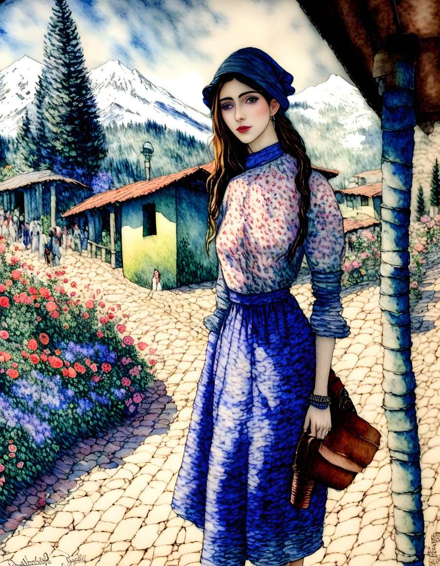 Stylized illustration of woman with black hair in blue outfit in vibrant village