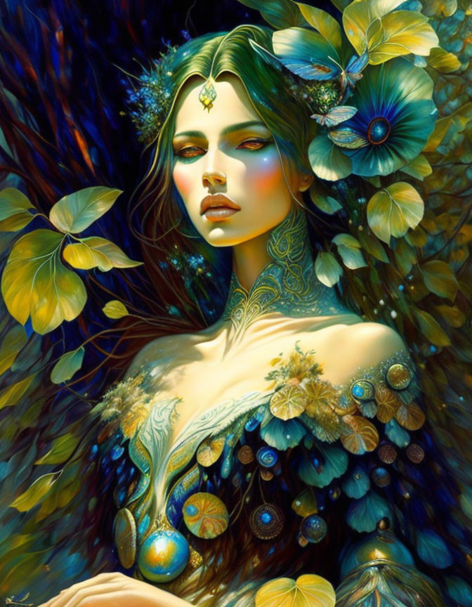 Vibrant blue and green flora adorn mystical woman with intricate patterns.