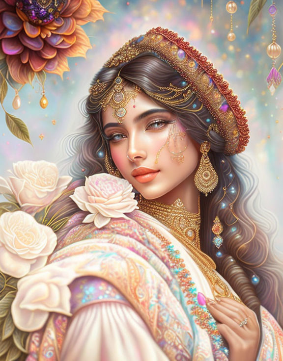 Traditional attire woman digital painting with intricate jewelry and soft-hued flowers