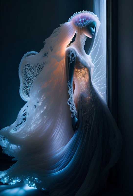 Glowing blue figure with lace details near a window