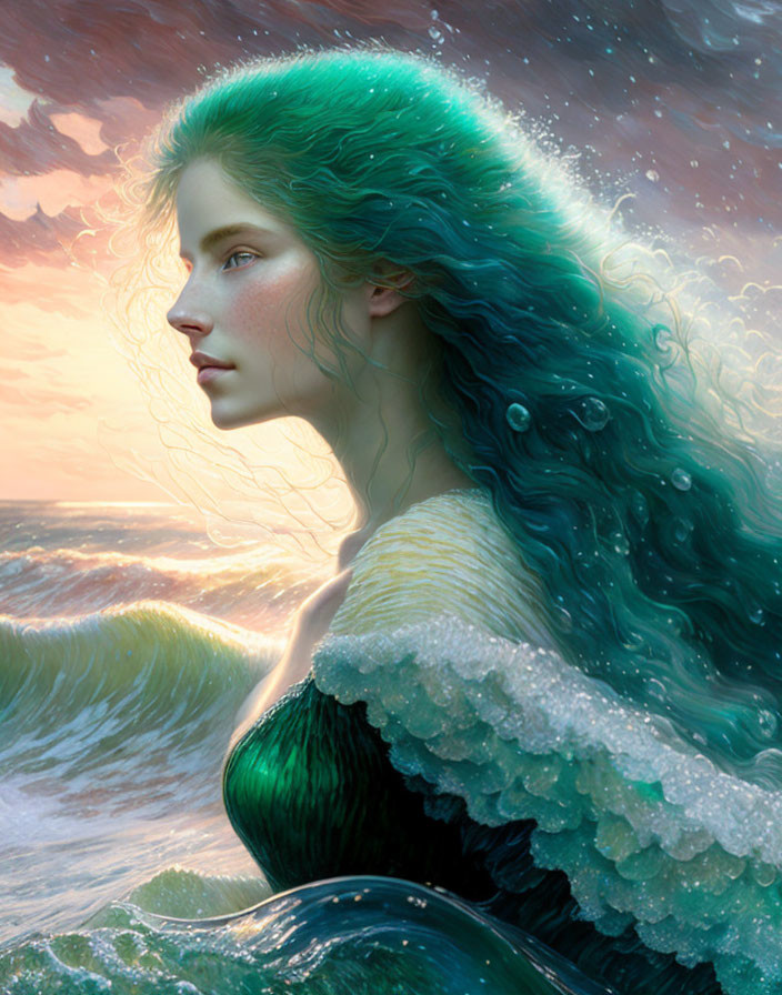 Digital artwork: Woman with sea-green hair blending into waves on sunset ocean backdrop