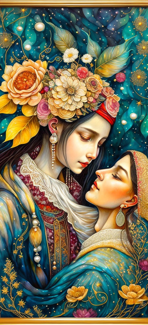 Two women embracing with floral headpieces against celestial backdrop