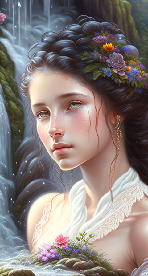 Digital artwork featuring young woman with braided hair and flowers, glistening eyes, and waterfall.