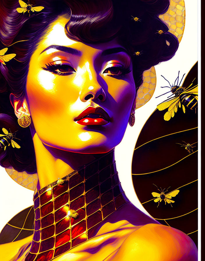 Stylized woman illustration with yellow and black color theme and bee and floral motifs.