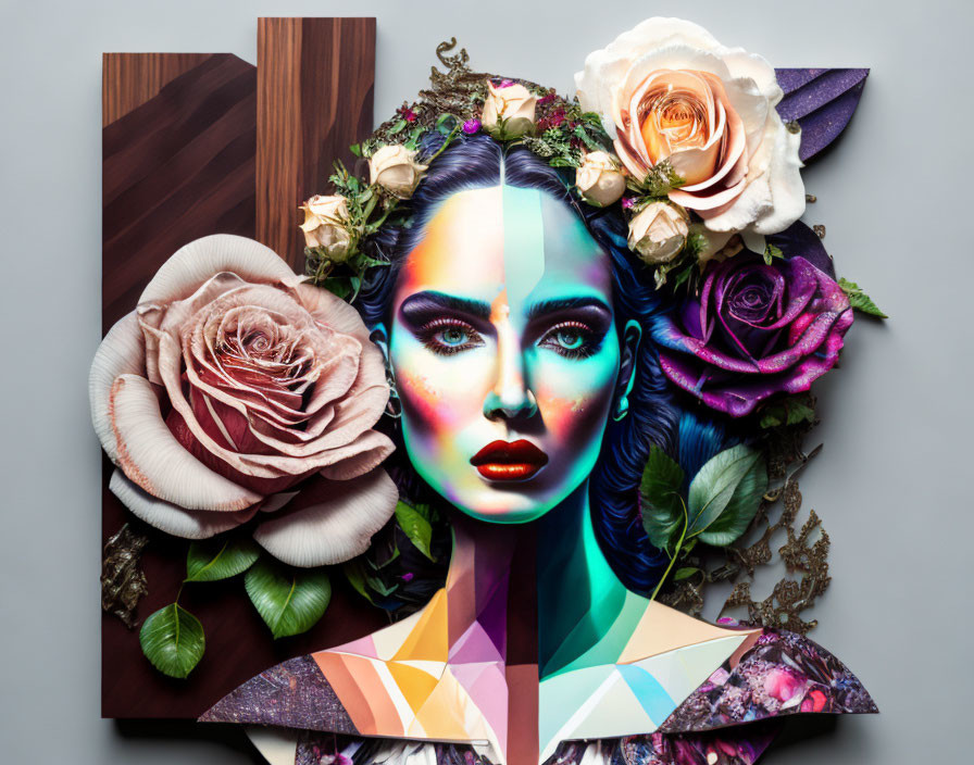 Colorful digital artwork: Woman's face with flowers and geometric design