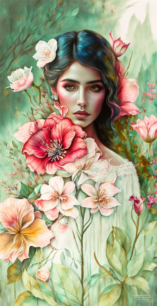 Vibrant digital painting: Woman with blue hair in floral paradise