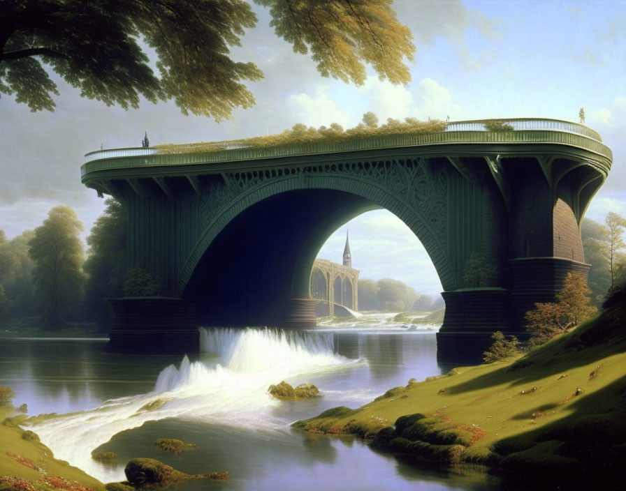 Majestic bridge painting in lush green landscape