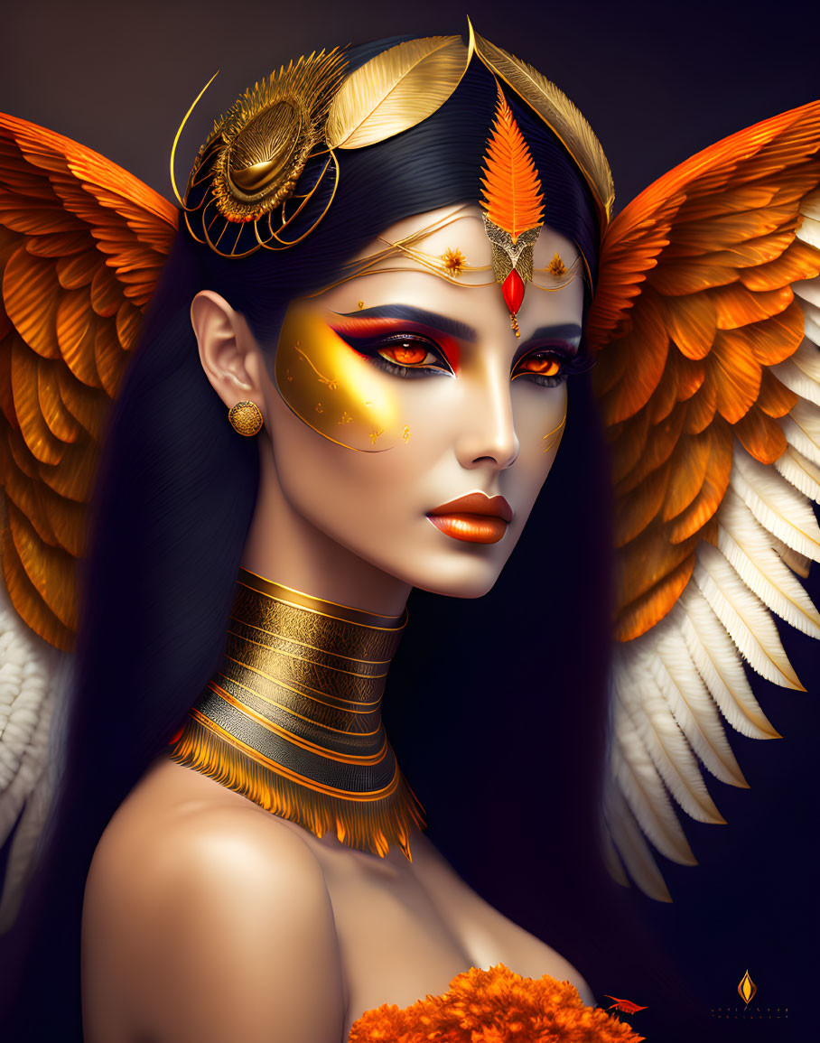 Golden-winged woman portrait with ornate headdress and warm makeup on dark background