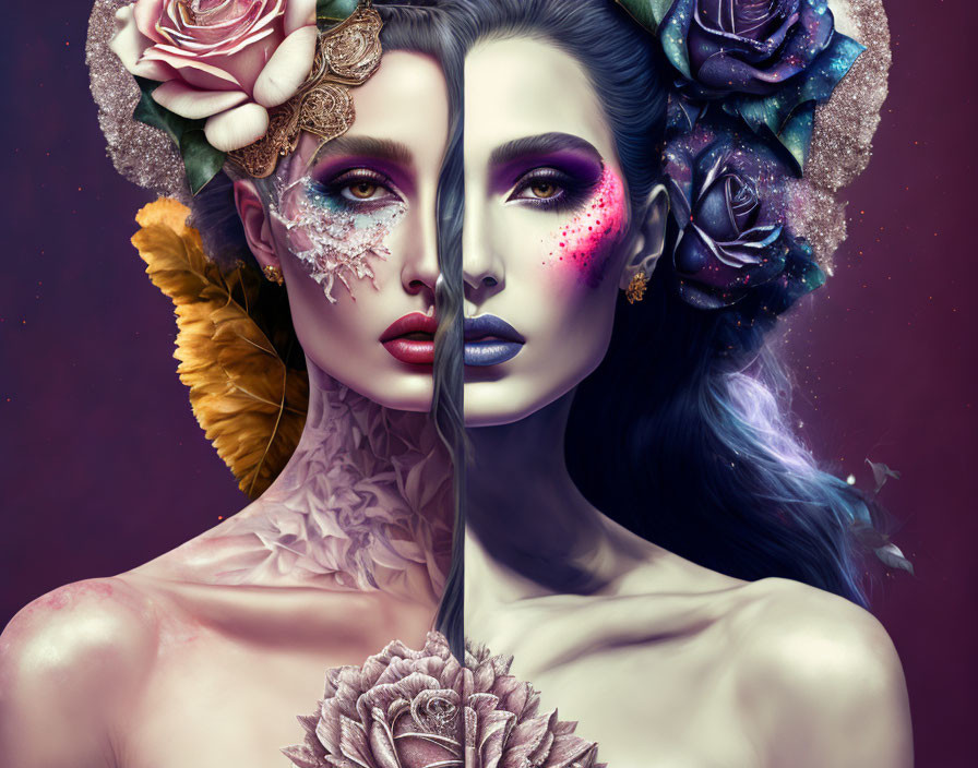 Dual-themed surreal portrait of a woman with spring and winter motifs