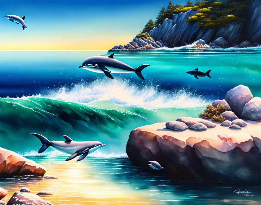 Colorful artwork: Dolphins jumping over waves by rocky coast