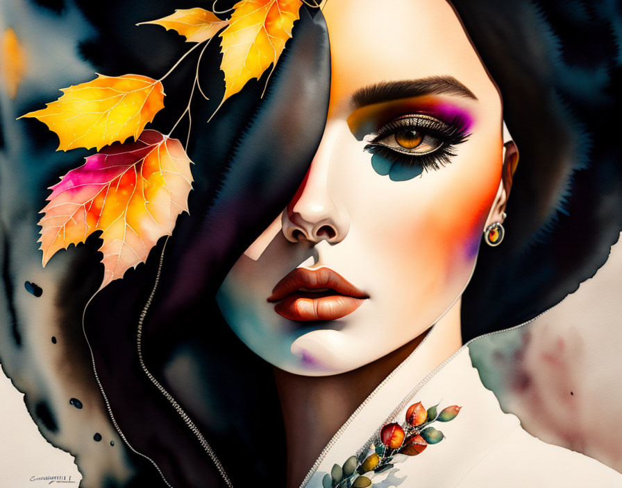 Vibrant digital painting of woman with autumn leaves and striking makeup