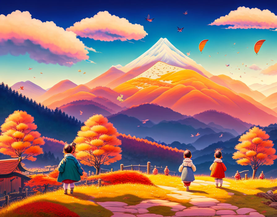 Children walking towards Mount Fuji with autumn trees, paragliders, and birds at sunset