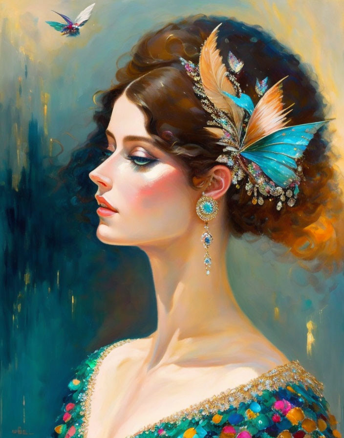 Woman in Feathered Headpiece and Jeweled Dress with Butterfly: Classical Elegance