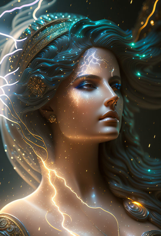 Digital art portrait: Woman with blue flowing hair and celestial patterns, exuding ethereal aura