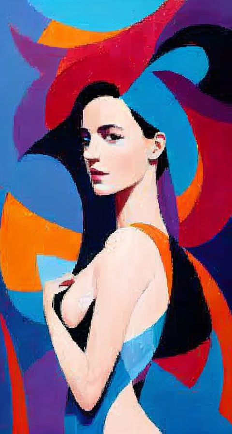 Vivid abstract art: colorful side-profile of a woman with flowing shapes