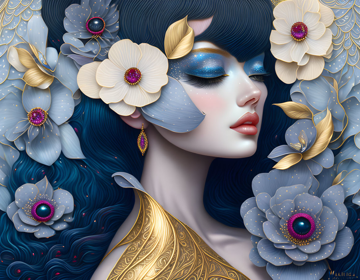 Stylized illustration of woman with blue hair and ornate flowers