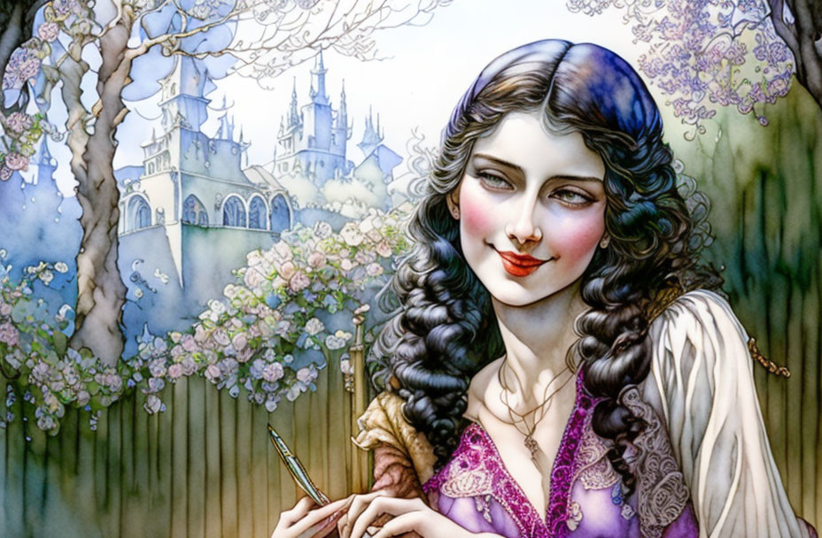 Illustrated woman with wavy hair holding a quill in front of castle and blooming trees