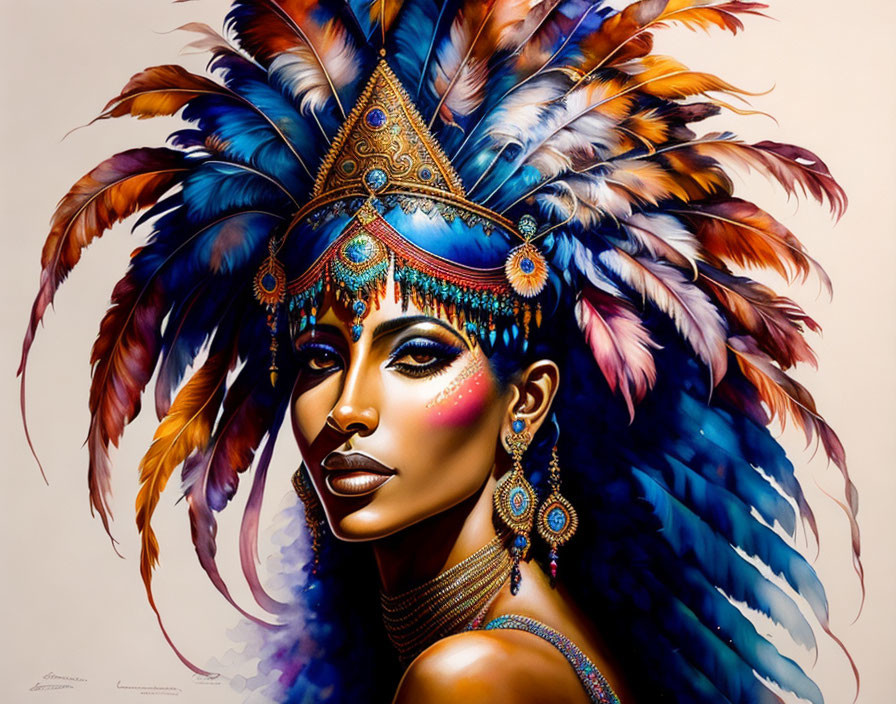 Colorful portrait of a woman with feathered headdress and jewelry